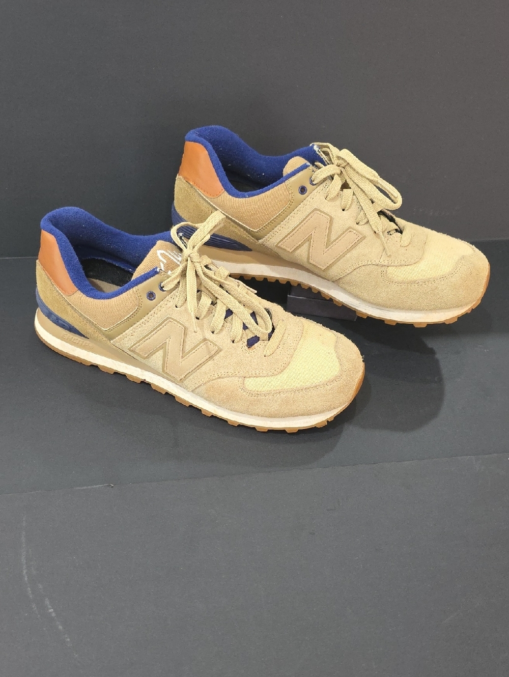 New Balance 574 Men’s Tan and Blue Retro Runner Sneakers